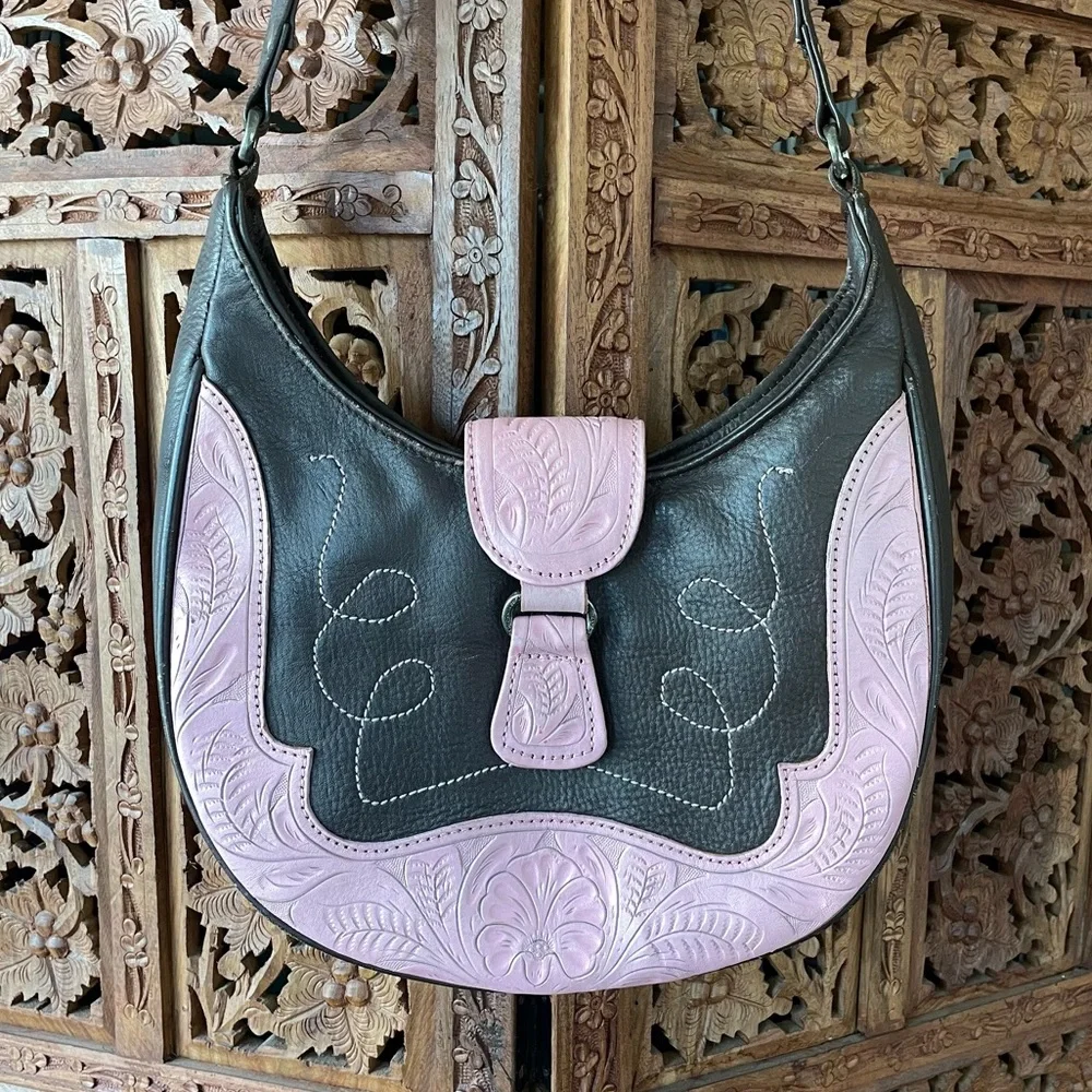 American West vintage tooled Leather Shoulder Bag - Pink and brown Floral - Picture 3 of 8